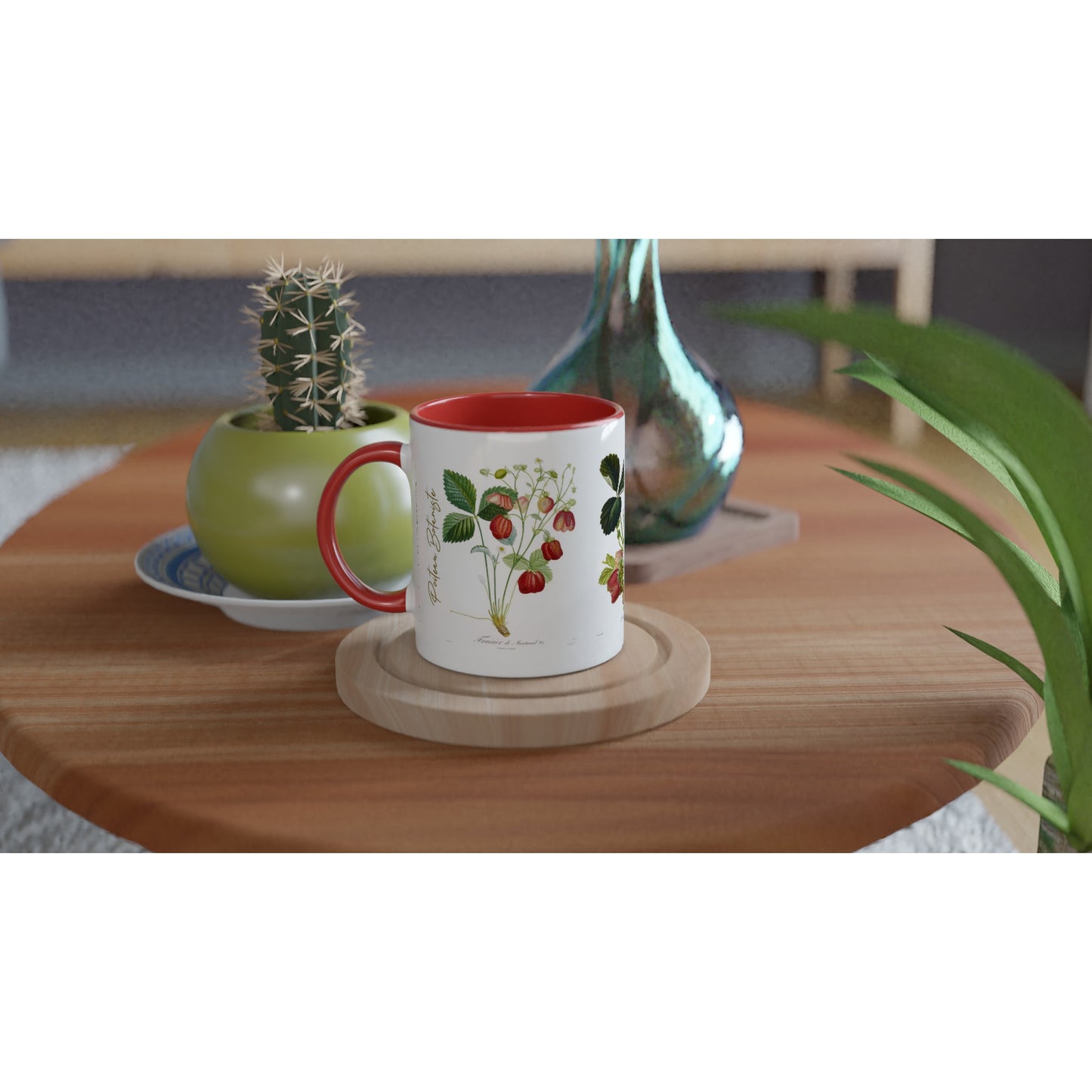 Un Mug fraise illustration botanique vintage anse et interieur rouge