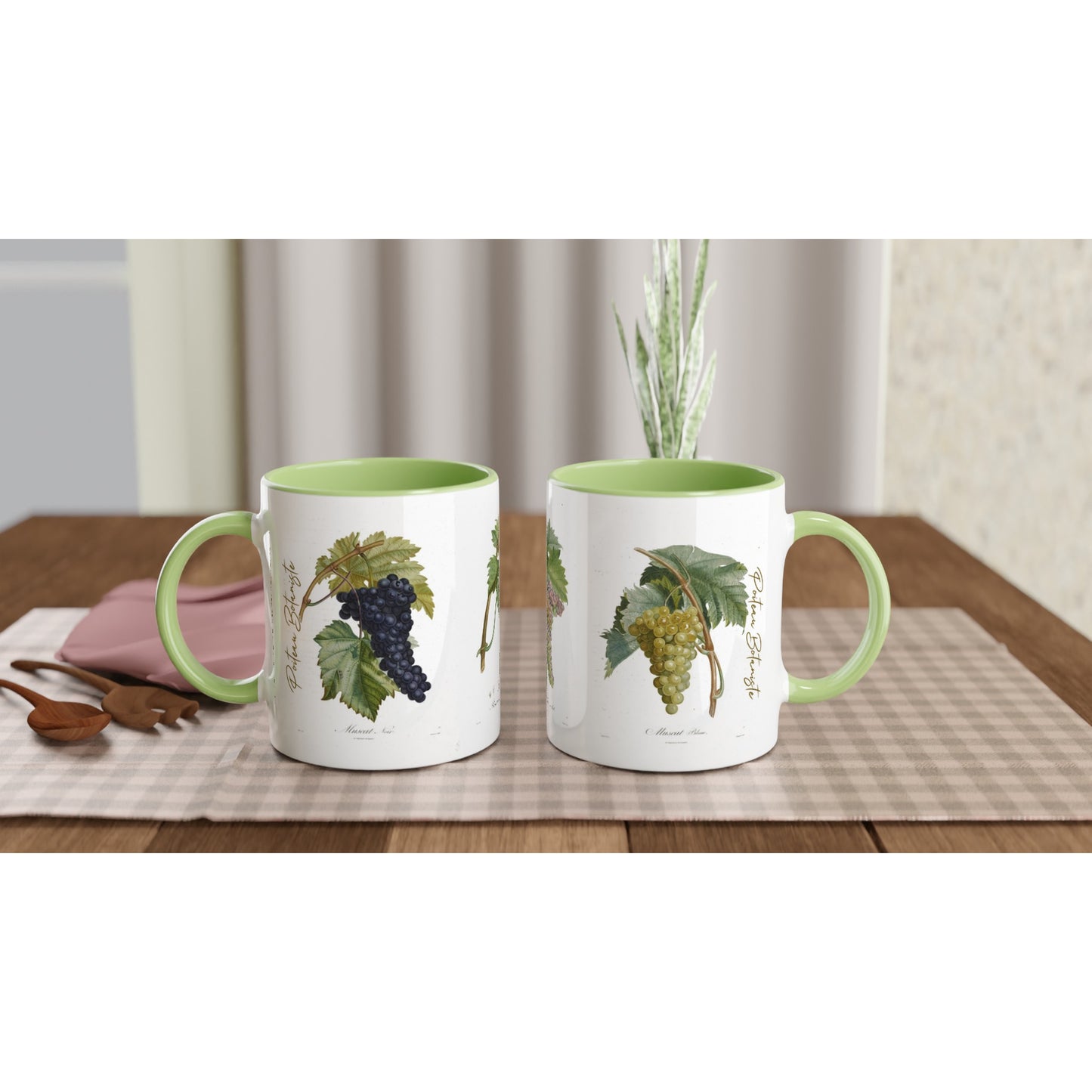 Deux Mugs raisin illustration botanique vintage anse et intérieur vert