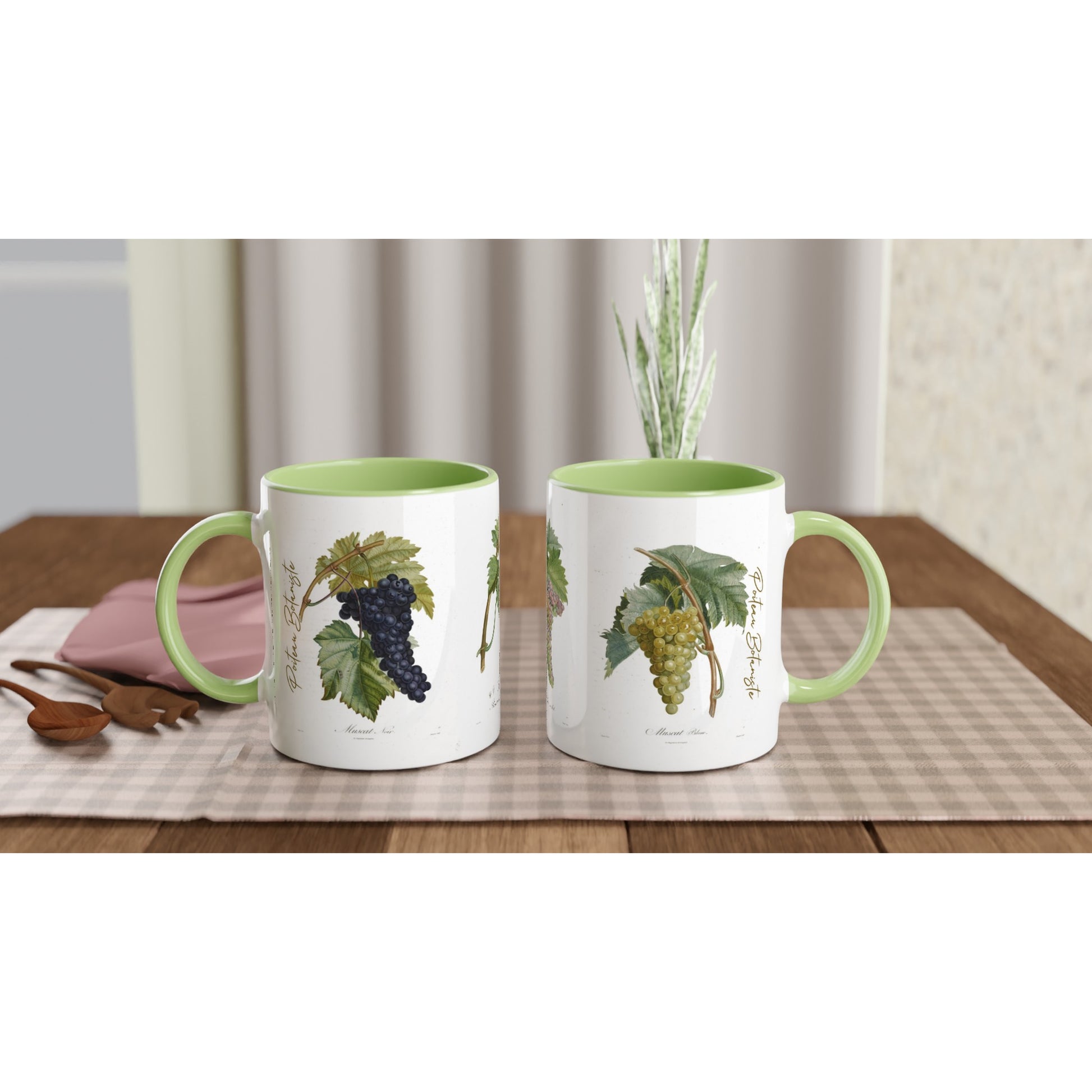 Deux Mugs raisin illustration botanique vintage anse et intérieur vert