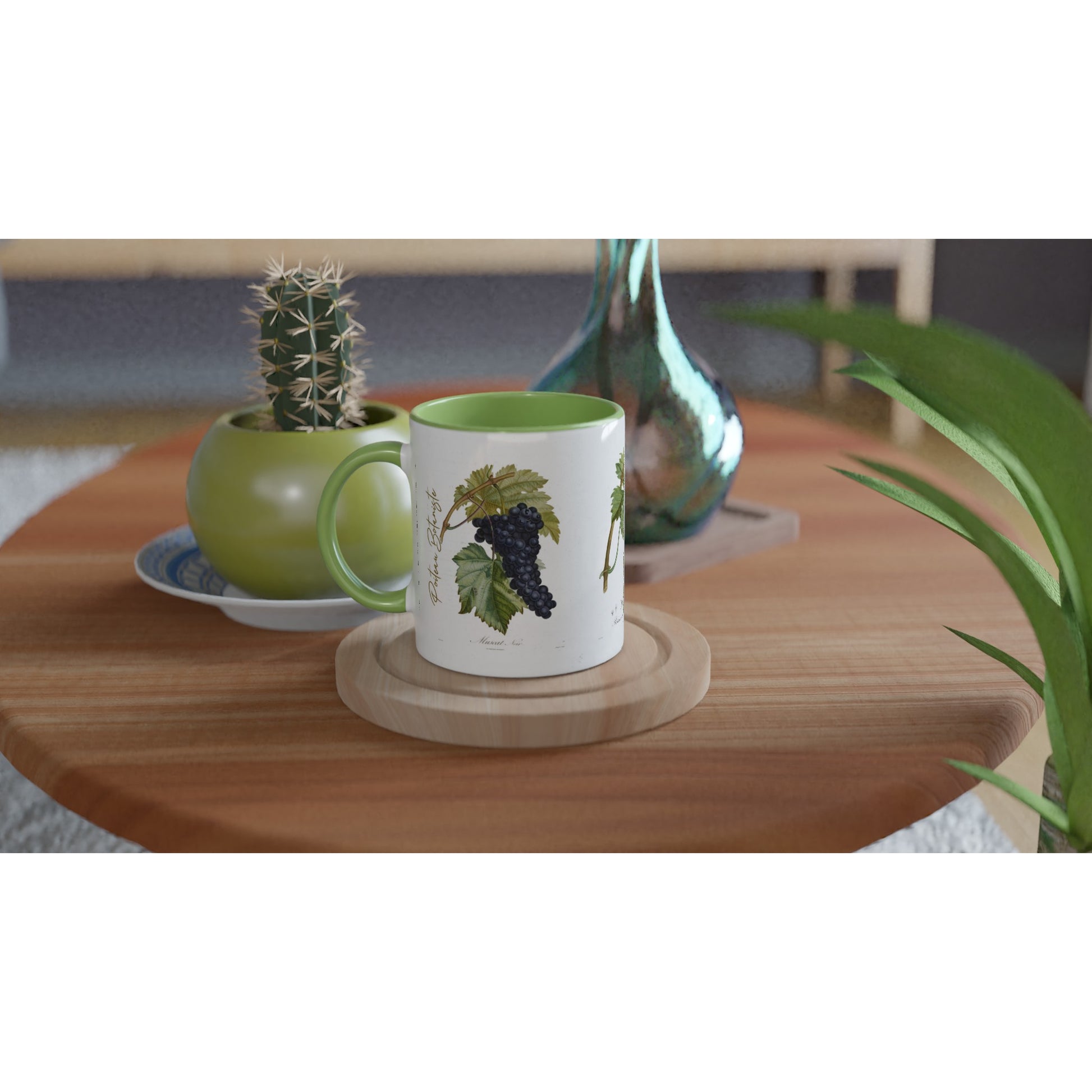 Un Mug raisin illustration botanique vintage anse et interieur vert